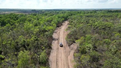 Drone aerial outback Australia Rural Northern Territory. Native Australian tall green trees, long wi
