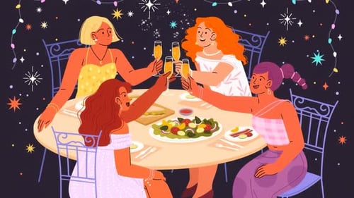 Women Friends Celebrating together with Champagne & Food - Girls Night Party