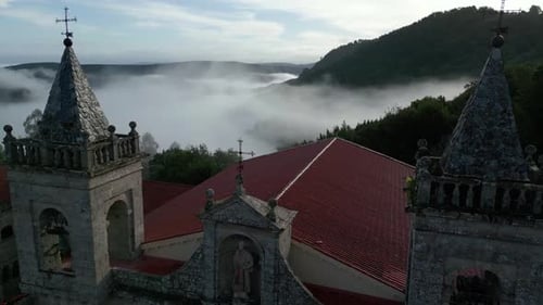 Drone Shot Over Old Christian Monastery: Fog At Sil Canyon, Luintra, Spain
