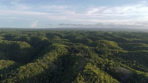 Slow fly over green forest hills in the Philippines. Some houses spotted
