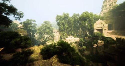 Peaceful Ancient Temple Pool Surrounded By Lush Greenery and Wildlife Hints