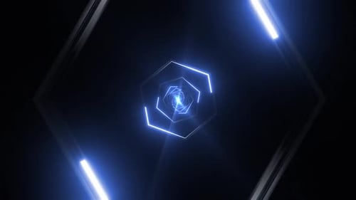 Dynamic neon hexagon tunnel with glowing blue light effect