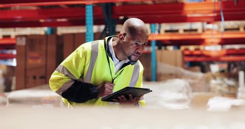 Black man, boxes or tablet for shipment inspection in warehouse distribution of cargo or shipping