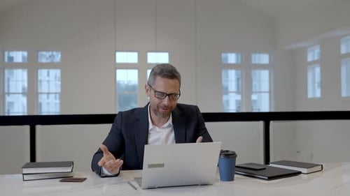 Online Work Office Businessman Talk Online Video Meeting Office Worker Talk on Video Conference in