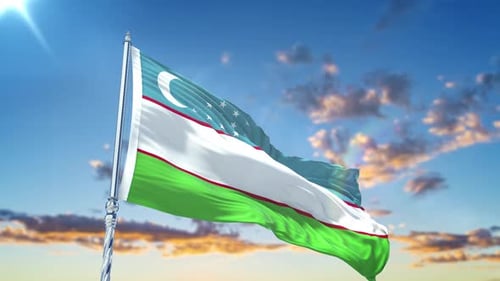 Waving Uzbekistan Flag in Realistic Sky Animation