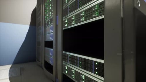 Shot of Corridor in Working Data Center Full of Rack Servers and Supercomputers