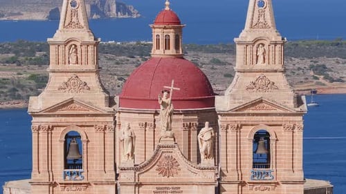 Aerial View of Mellieha Parish Church and Red Dome on Malta Coast