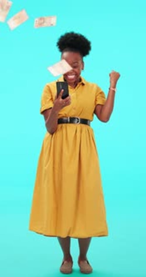 Studio phone, money rain and black woman celebrate winning, bonus salary or financial freedom