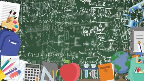 Digital animation of school concept icons against mathematical equations and diagrams on green backg