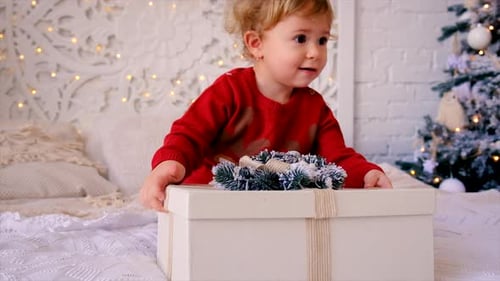 Cute Child Opens Christmas Gift at Home