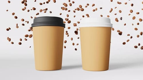 Two dancing paper cups white black lids flying coffee beans 3D animation Jumping beverages 4K