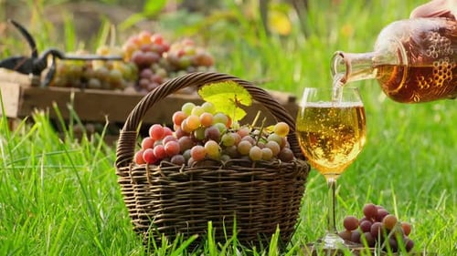 Wine tasting culture. Pour white wine in glass in the garden