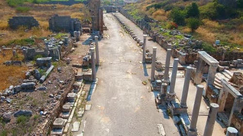 In This Captivating Aerial Stock Video the Remarkable Ruins of the Ancient City of Perge in