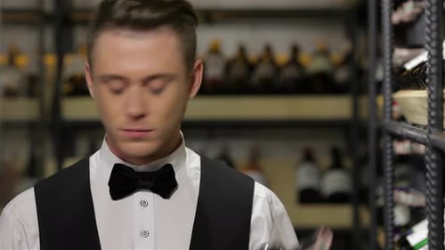 Young Adult Sommelier Examining Two Wine Bottles