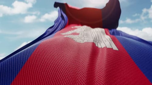 Realistic Cambodian Flag Waving on a Sunny Day with Clouds