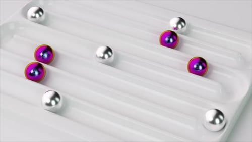 Sleek 3D Animation of Metallic and Iridescent Spheres Gliding on a Glossy Grooved White Surface