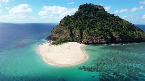 Mohéli or Mwali, part of the Union of the Comoros drone approach little islet with white sand tropic