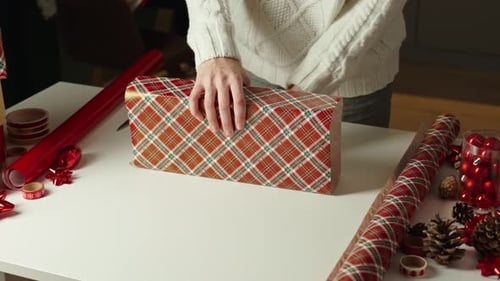 Person Wrapping Christmas Gift with Plaid Paper