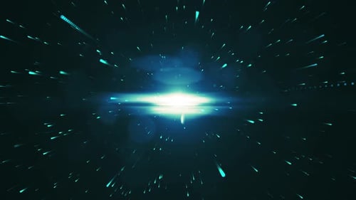 HD 3D animation. Abstract Blue Particles on Black Background and optical flares blue