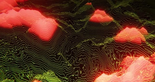 Abstrakte topographische Landschaft mit gelben Linien und roten Bergen bewegt sich in einer Schleife