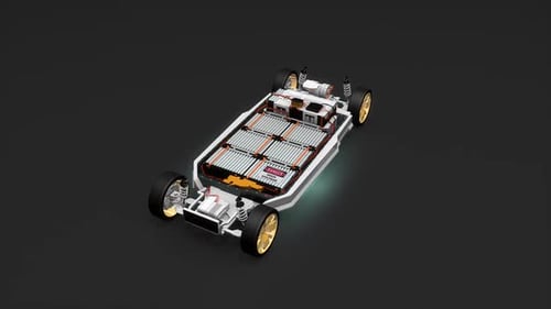 3D-Modell eines Elektrofahrzeug-Chassis mit Batterielayout