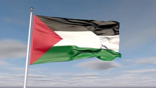 Realistic Palestine National Flag Waving in Blue Sky