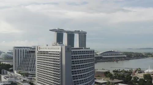 Aerial view of skyscrapers at Marina Bay harbour in Singapore.