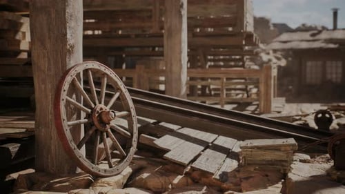 Old Wooden Wagon Wheel in Deserted Western Town