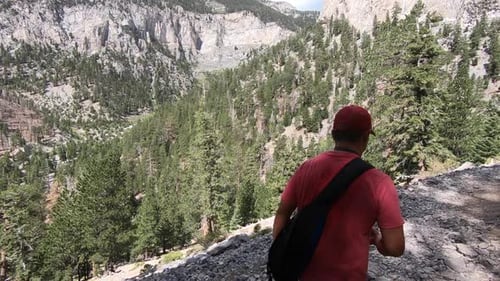 Male hiking through Mt Charleston Spring Mountain National Recreation Area near Las Vegas.