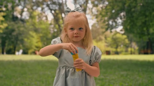 portrait Cute little girl blowing soap bubbles having fun in the park on a summer day Child playing