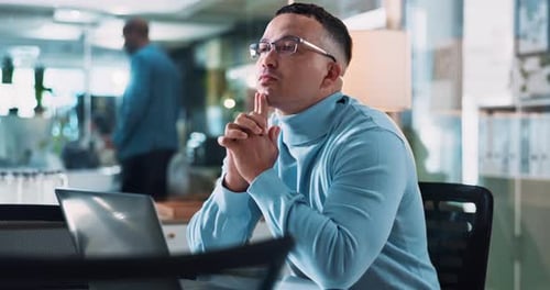 Office, thinking and man with laptop at desk for information technology