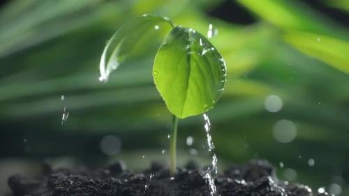 Green Sprouts in the Rain in Slow Motion Green Leaf Plant in Macro on a Dark Abstract Background