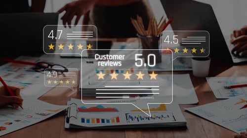 Team collaboration analyzing customer reviews with graphics, ratings, and charts on a wooden table d