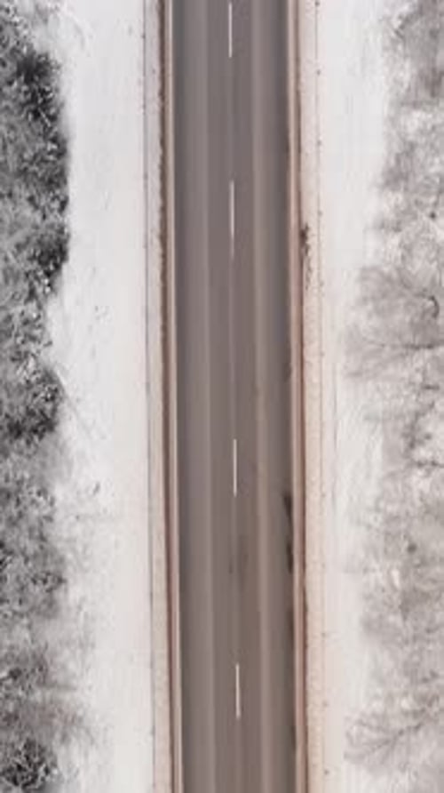 Vertikale Drohnenaufnahme von oben nach unten auf zwei Lastwagen, die auf einer Autobahn durch einen Wald im Winterland fahren