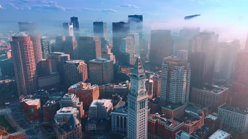 Architecture of Boston, Massachusetts, USA covered with smog.