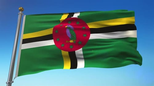 Realistic Dominica Flag Waving Against Bright Blue Sky