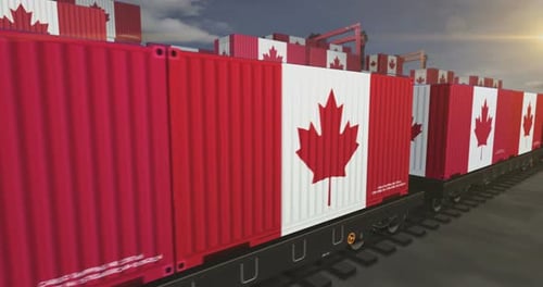 Canada export containers on cargo train wagons loop