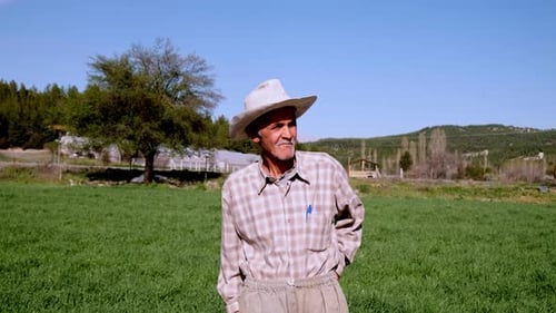 Farmer Stands in Green Field on Sunny Day
