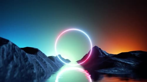 Neon circle glows on landscape, a portal to new worlds