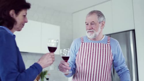 Senior Couple Toasting with Red Wine in Kitchen