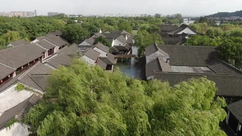 Aerial View of the Scenic Beauty of Ke Yan Scenic Area and the Surrounding Ancient Town in Shaoxing