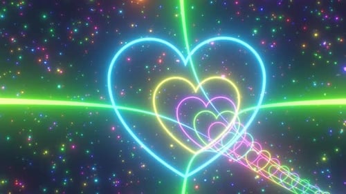 Tunnel de lumières en forme de cœur brillant au néon arc-en-ciel avec des étoiles scintillantes - 4K