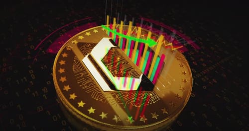 Chainlink LINK cryptocurrency golden rotating coin on chart