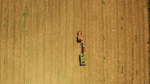 Agricultural machines working in farmland during harvesting. Farming concept. Top view.