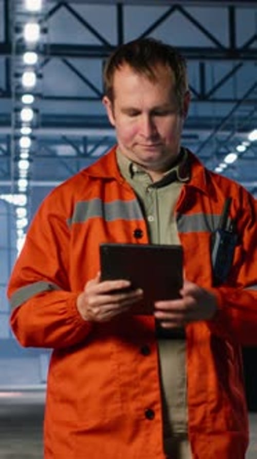 Vertical Video Industrial Supervisor Monitoring Equipment Near a Workshop Station