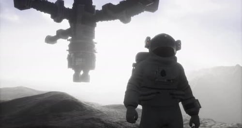 Astronaut Explores the Surface of Mars Near a Futuristic Space Station