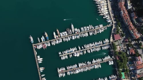 Bird eye view of beautiful marina with modern yachts in Fethiye