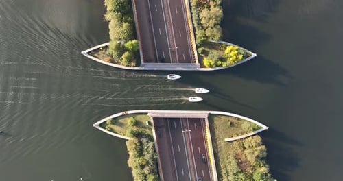 Aquaduct Veluwemeer, Netherlands. Video background. Transportation and roads. Aerial view.