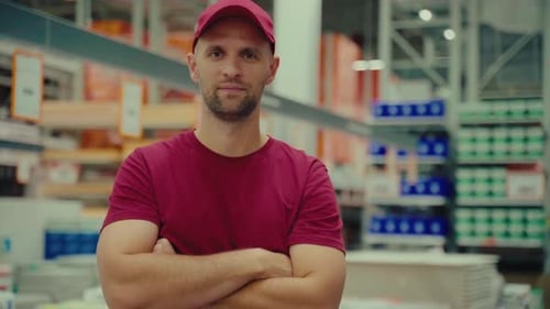 Man in Red Shirt Stands Confidently in a Retail Store Showcasing His Commitment to Customer Service