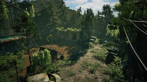 Une colonie en ruine envahie par la nature, avec des voitures rouillées, des ruines envahies par la végétation et une paire de corbeaux